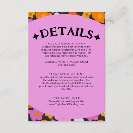 Retro Sinaasappel Paarse Bloemen Groovy Bruiloft D Informatiekaartje (Voorkant)