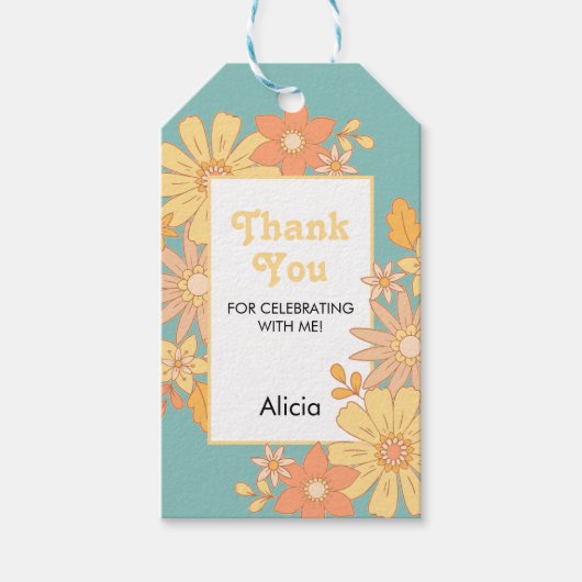 Retro Sinaasappel Peach Flora Groovy Dank u Cadeaulabel (Voorkant)