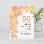 Retro Sinaasappel Perzik Bloem Groovy 50e Verjaard Kaart (Staand voorkant)