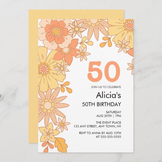 Retro Sinaasappel Perzik Bloem Groovy 50e Verjaard Kaart (Voorkant / Achterkant)