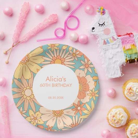 Retro Sinaasappel Perzik Botanisch Groen 60e Verja Papieren Bordje (Feest)