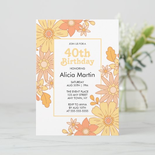 Retro Sinaasappel Perzik Flora Groovy 40e verjaard Kaart (Staand voorkant)