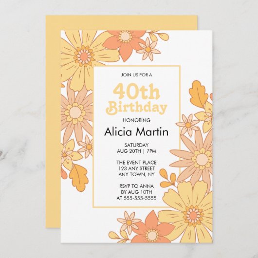 Retro Sinaasappel Perzik Flora Groovy 40e verjaard Kaart (Voorkant / Achterkant)