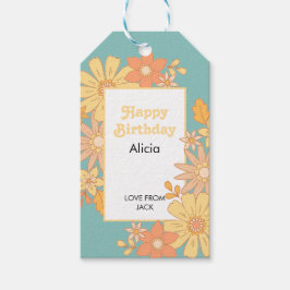 Retro Sinaasappel Perzik Flora Groovy Verjaardag Cadeaulabel