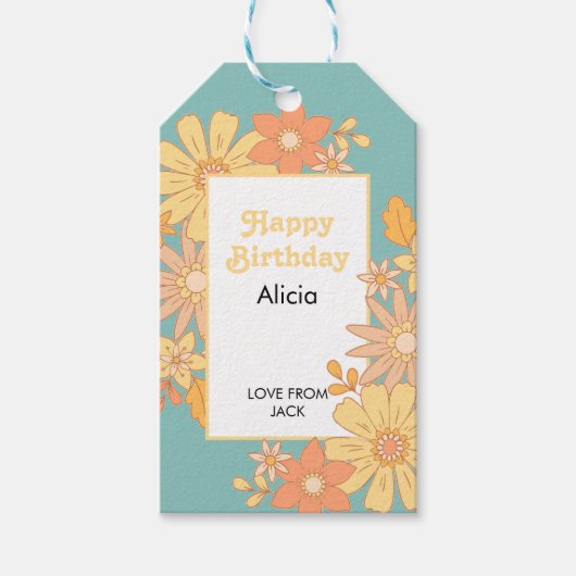 Retro Sinaasappel Perzik Flora Groovy Verjaardag Cadeaulabel (Voorkant)