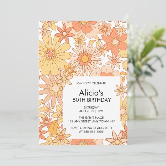 Retro Sinaasappel Perzik Flora Patroon 50e verjaar Kaart (Staand voorkant)