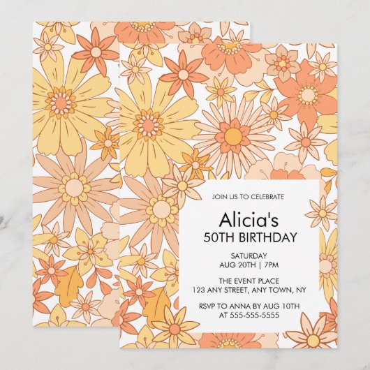 Retro Sinaasappel Perzik Flora Patroon 50e verjaar Kaart (Voorkant / Achterkant)