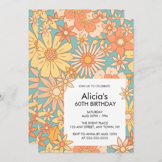 Retro Sinaasappel Perzik Flora Patroon 60e Verjaar Kaart (Voorkant / Achterkant)