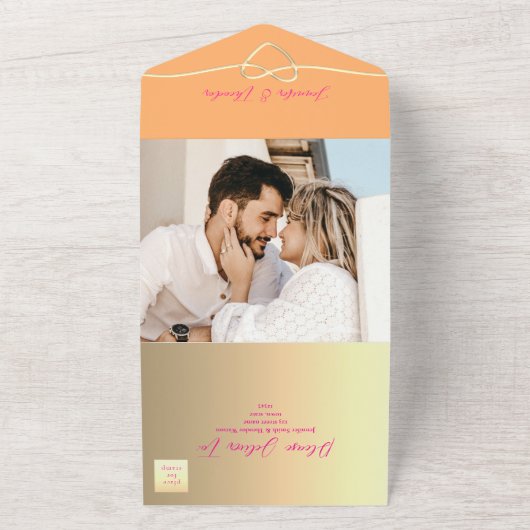 Retro Sinaasappel Roze Bruiloft All In One Uitnodiging (Buitenkant)