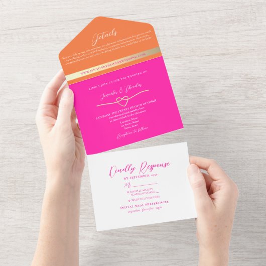 Retro Sinaasappel Roze Bruiloft All In One Uitnodiging (Afscheurbaar)