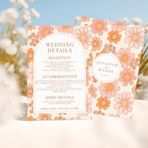 Retro Sinaasappel Roze Daisy Wedding Details Kaart