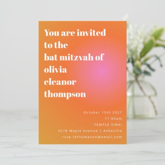 Retro Sinaasappel Roze Gradient Unique Bat Mitzvah Kaart (Staand voorkant)