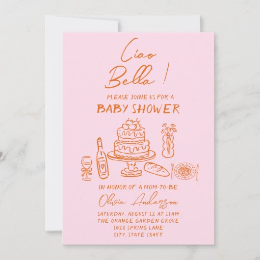 Retro Sinaasappel Roze Hand getekend Italiaans Bab Kaart (Voorkant)