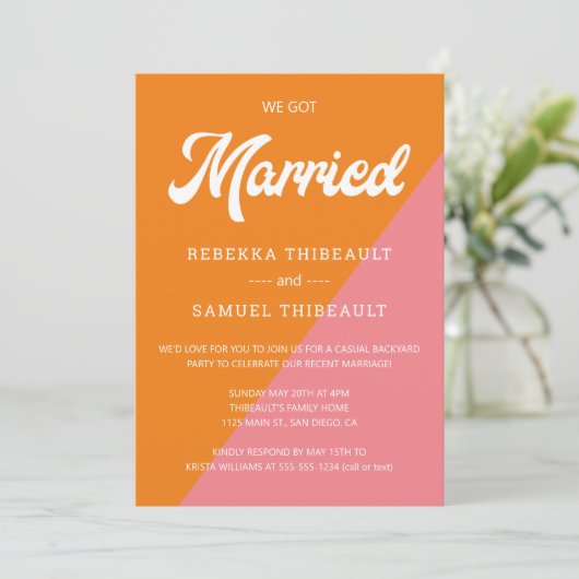 Retro Sinaasappel Roze Kleur Blok Bruiloft Casual Kaart (Staand voorkant)