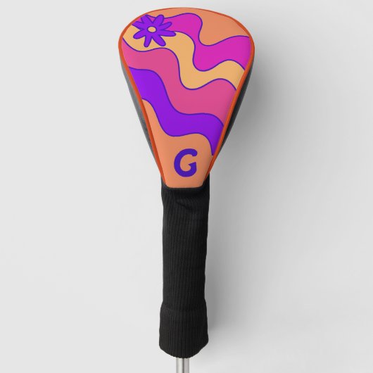 Retro Sinaasappel Roze & Paarse Golven Monogram Golfheadcover (Voorkant)