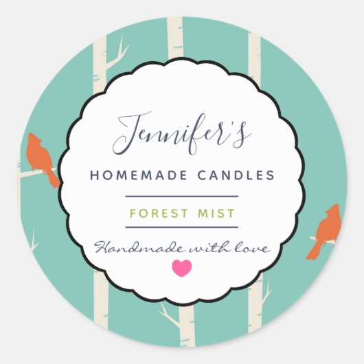 Retro Sinaasappel Vogels op Berkenbomen Kaarsenzee Ronde Sticker (Voorkant)