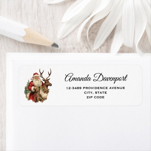 Retro Sinterklaas en rendieren Kerstmis Etiket (Insitu)