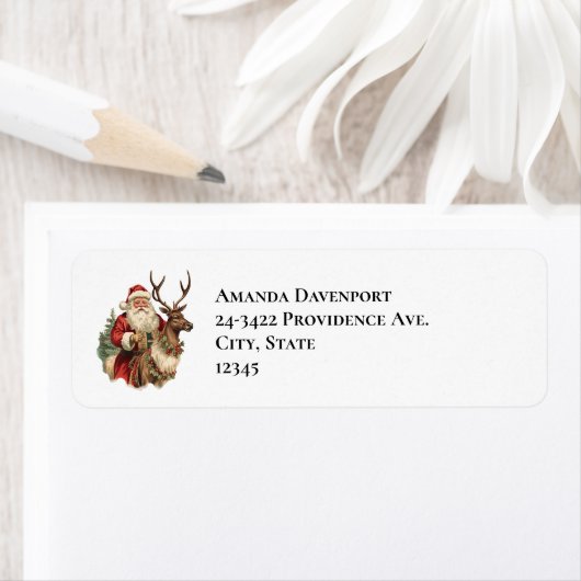 Retro Sinterklaas en rendieren Kerstmis Etiket (Insitu)