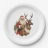 Retro Sinterklaas en rendieren Kerstmis Papieren Bordje (Voorkant)