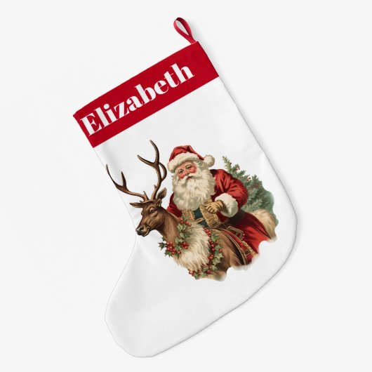 Retro Sinterklaas Rijden Een Rendier Kerstmis Grote Kerstsok (Achterkant (Hangend))