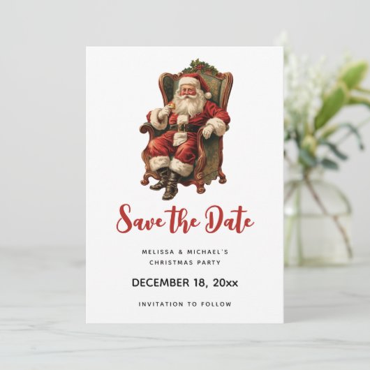 Retro Sinterklaas Zittend in een stoel Kerstmis Save The Date (Staand voorkant)