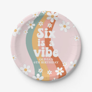Retro Six is een Vibe Regenboog Daisy 6e verjaarda Papieren Bordje