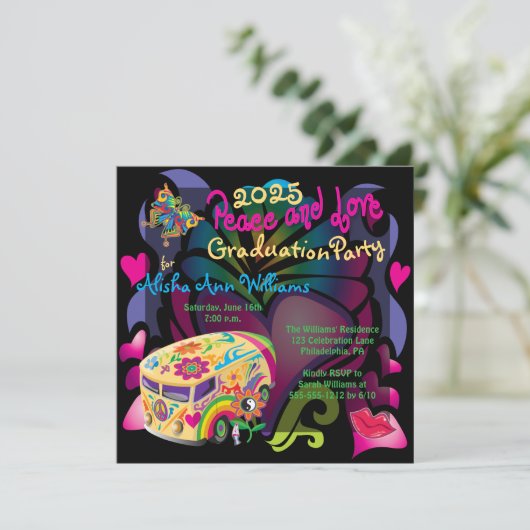 Retro Sixties Peace and Love Graduation Party Kaart (Staand voorkant)