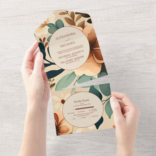 Retro  Sixties Terracotta Wedding All In One Uitnodiging (Afscheurbaar)