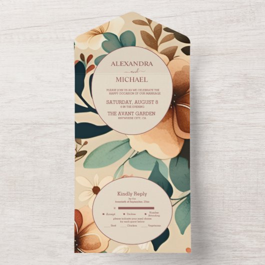 Retro  Sixties Terracotta Wedding All In One Uitnodiging (Binnen)