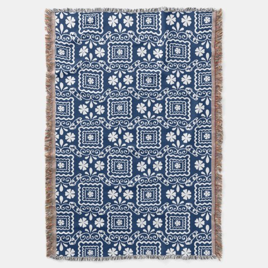 retro sixties wit blauw bloemmotief deken (Voorkant Verticaal)