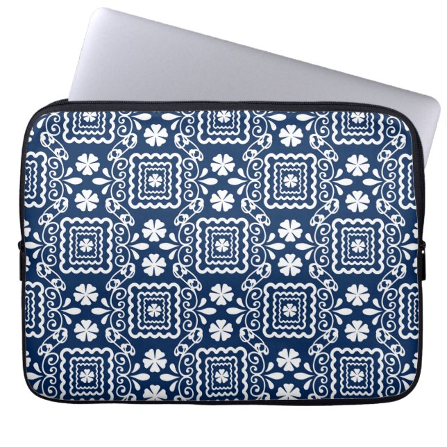 retro sixties wit blauw bloemmotief laptop sleeve (Voorkant)
