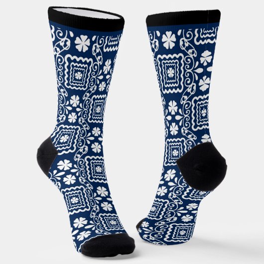 retro sixties wit blauw bloemmotief sokken (Gebogen)