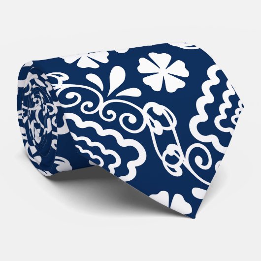 retro sixties wit blauw bloemmotief stropdas (Opgerold)