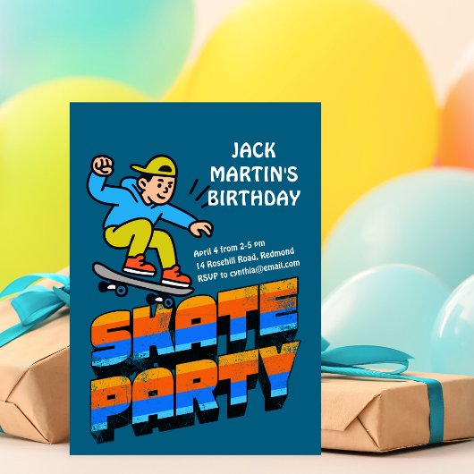 Retro Skateboard Birthday Invitation Kaart