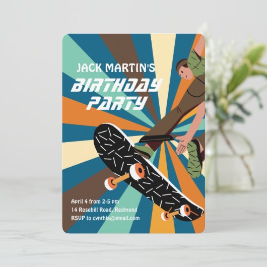 Retro Skateboard Birthday Invitation Kaart (Staand voorkant)
