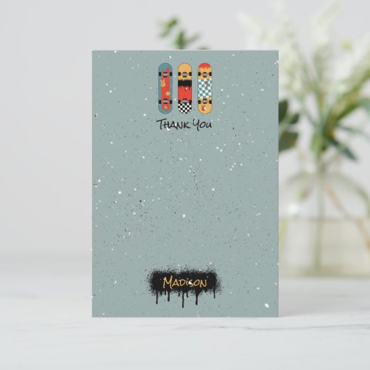 Retro Skateboard Blauw Cool Aangepaste Naam Kinder Bedankkaart (Staand voorkant)