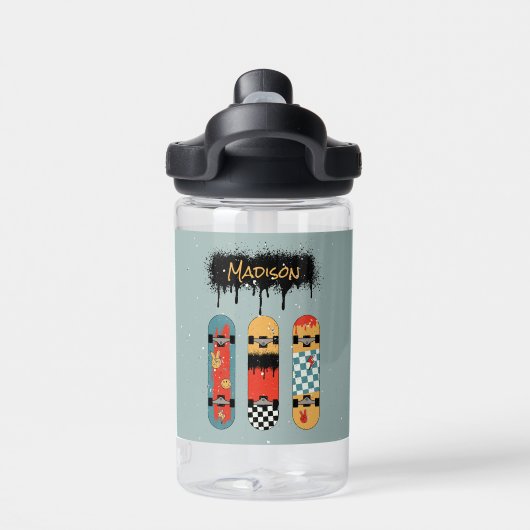 Retro Skateboard Blauw Cool Aangepaste Naam Waterfles (Achterkant)