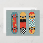 Retro Skateboard Blauw Cool Feestdagenkaart (Voorkant / Achterkant)