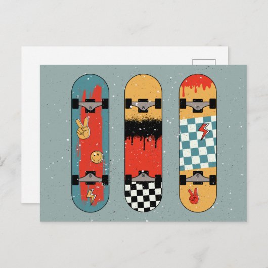 Retro Skateboard Blauw Cool Feestdagenkaart (Voorkant / Achterkant)