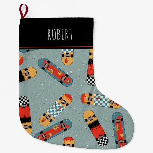 Retro Skateboard Blauw Cool Kinder Grote Kerstsok (Voorkant)