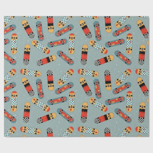 Retro Skateboard Blauw Koel Patroon Cadeaupapier (Vlak)