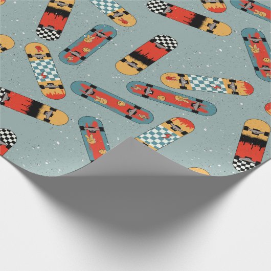 Retro Skateboard Blauw Koel Patroon Cadeaupapier (Hoek)