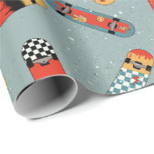 Retro Skateboard Blauw Koel Patroon Cadeaupapier (Rol Hoek)