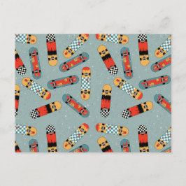 Retro Skateboard Blauw Koel Patroon Feestdagenkaart