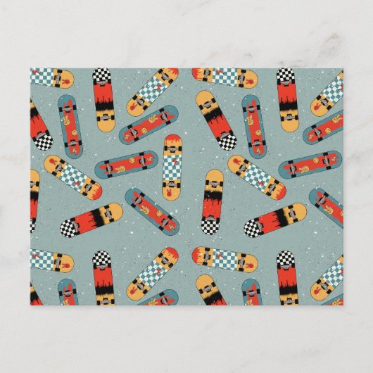 Retro Skateboard Blauw Koel Patroon Feestdagenkaart (Voorkant)