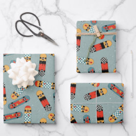 Retro Skateboard Blauw Koel Patroon Inpakpapier Vel