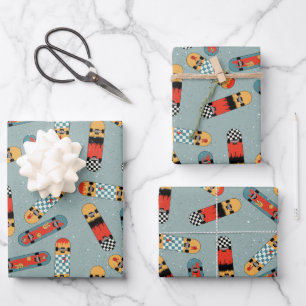 Retro Skateboard Blauw Koel Patroon Inpakpapier Vel