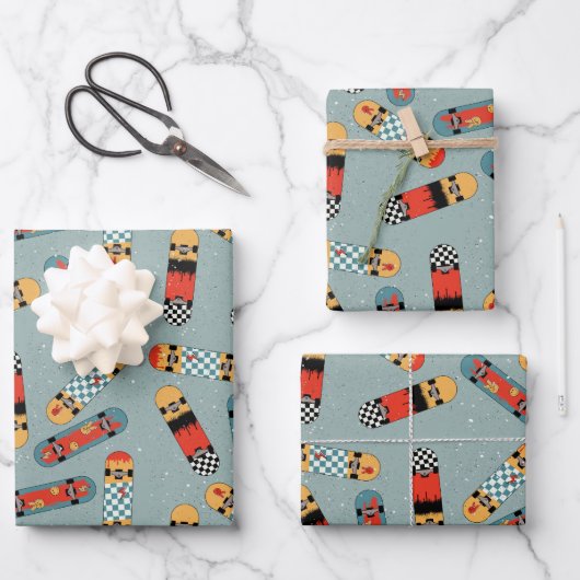 Retro Skateboard Blauw Koel Patroon Inpakpapier Vel (Voorkant)