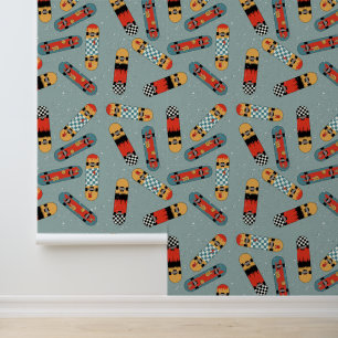Retro Skateboard Blue Cool Pattern Kinder Behang