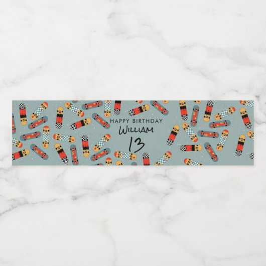 Retro Skateboard Blue Cool Skateboarding Verjaarda Waterfles Etiket (Enkel label)